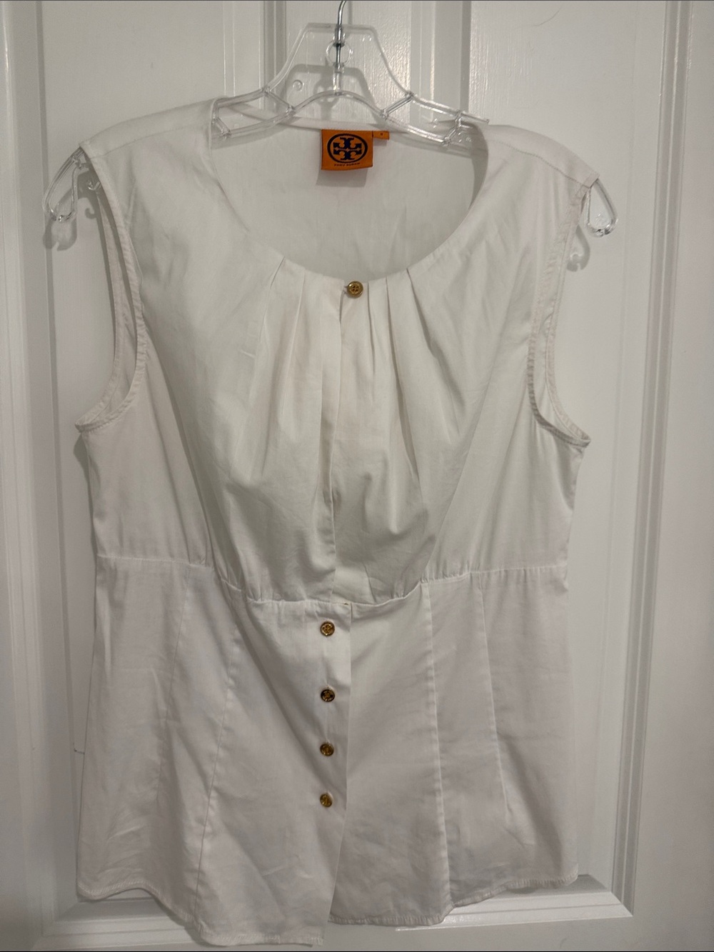 Tory Burch White Sleeveless Cotton Button-Front Blouse with Gold Buttons